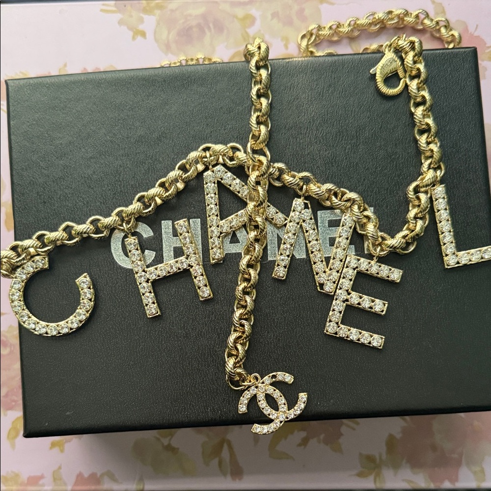 CHANELICA Gold-Tone Crystal Logo Chain Belt